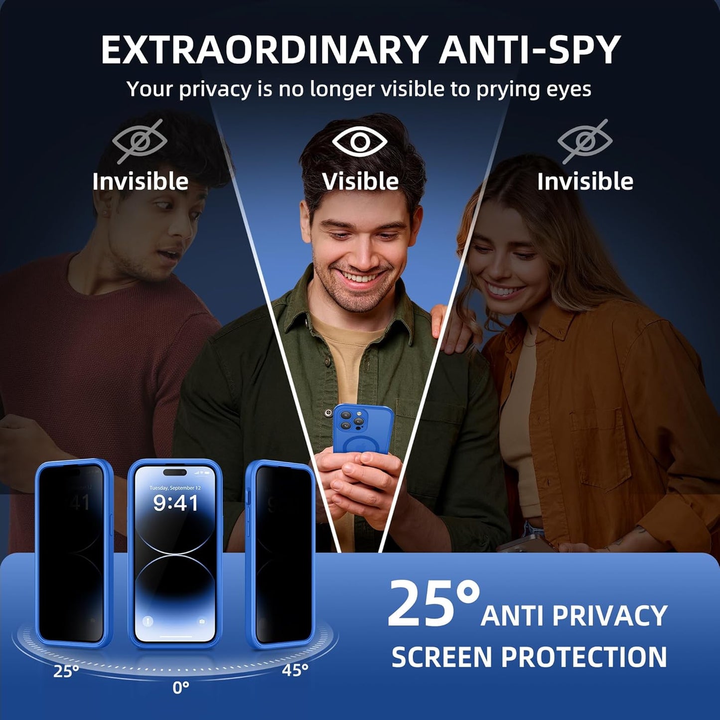 BERFY Magnetic for iPhone 14 Pro Max Case, Compatible with MagSafe, Built-in Privacy Screen Protector and Upgraded Camera Protection, Anti-Spy Full Body Shockproof Phone Case for 14 Pro Max,Klein Blue