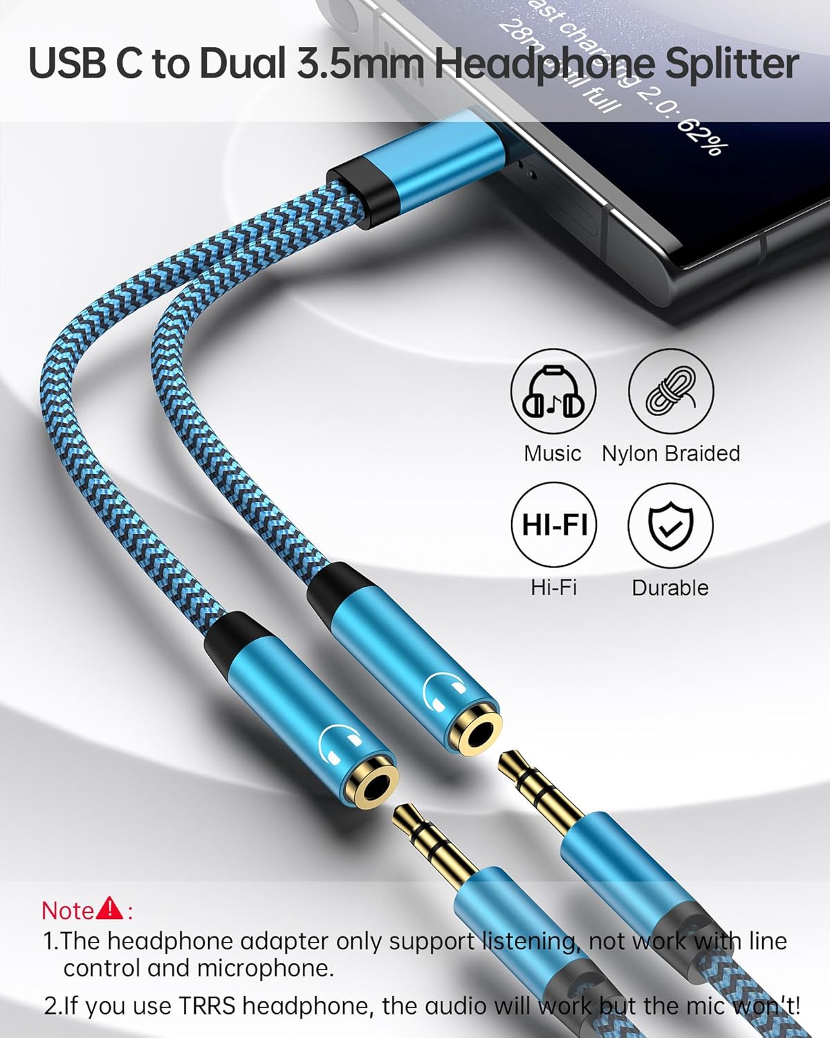 Headphone Splitter for 2 Headphones, USB C to Dual 3.5mm Female Aux Splitters for iPhone 17 17 Pro Max 16e, Google Pixel 10, Samsung Galaxy S25 Ultra, Audio Jack Adapter Earphone Connector - Blue