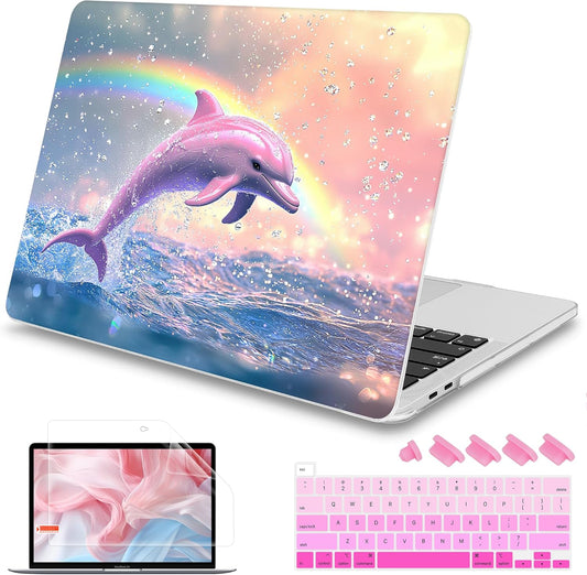 Mektron Case for MacBook Pro 16 Inch A2141 Cover 2019 Release 16" with Liquid Retina Display/Touch ID, Plastic Hard Shell with Keyboard Skin & Screen Protector & Dust Plug, Jumping Dolphin