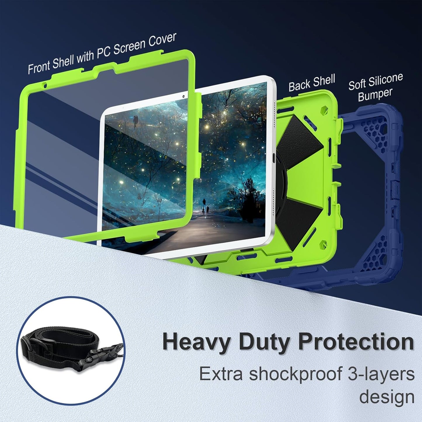 Case for iPad (A16) 11th Generation 11 Inch (2025) / iPad 10th Generation Case 10.9 Inch (2022) with 360° Rotating Stand Screen Protector Pen Holder Shoulder Strap, Navy Green