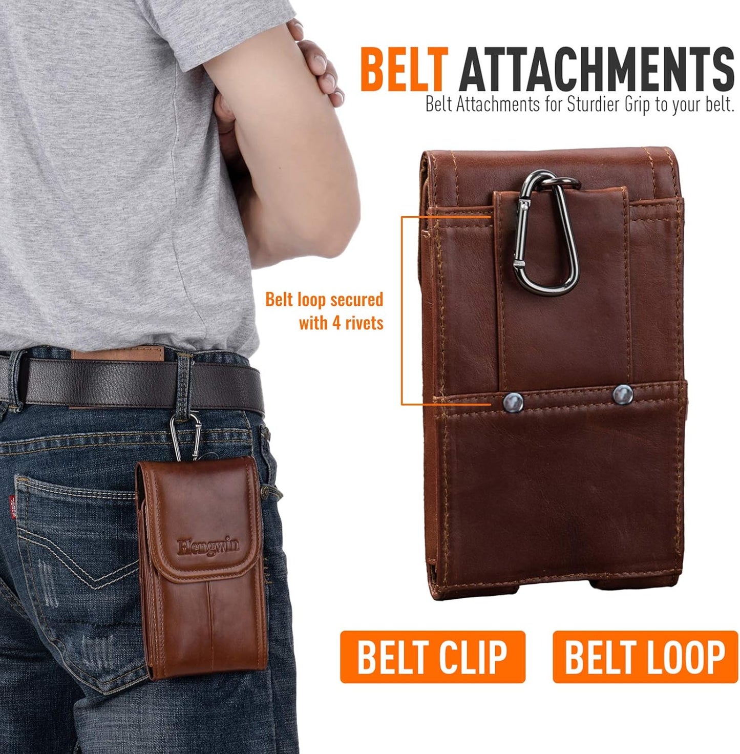 Hengwin Genuine Leather Cell Phone Holster Belt Case with Belt Clip Vertical Phone Holder Fits for iPhone 17 Pro Max 16 Pro Max 15 Plus Samsung Galaxy A55 Note9 S25+ S23+ Holster Belt Pouch (Brown)