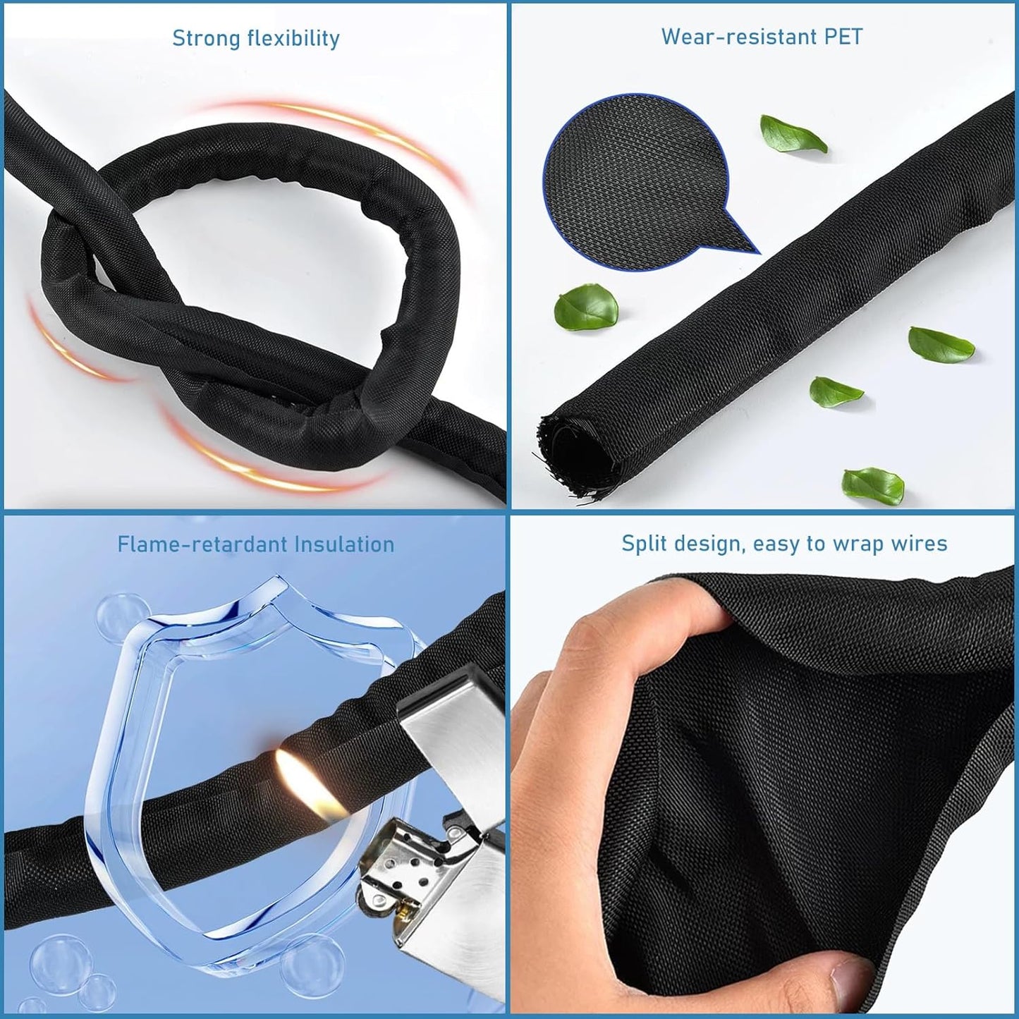 3/8 inch Cord Protectors from Pets No Chew, 10ft Wire Protector Cord Covers for Pets, Flexible Cable Management Sleeve for USB Power Cords Audio Video Cords Phone Charging Cables, Black