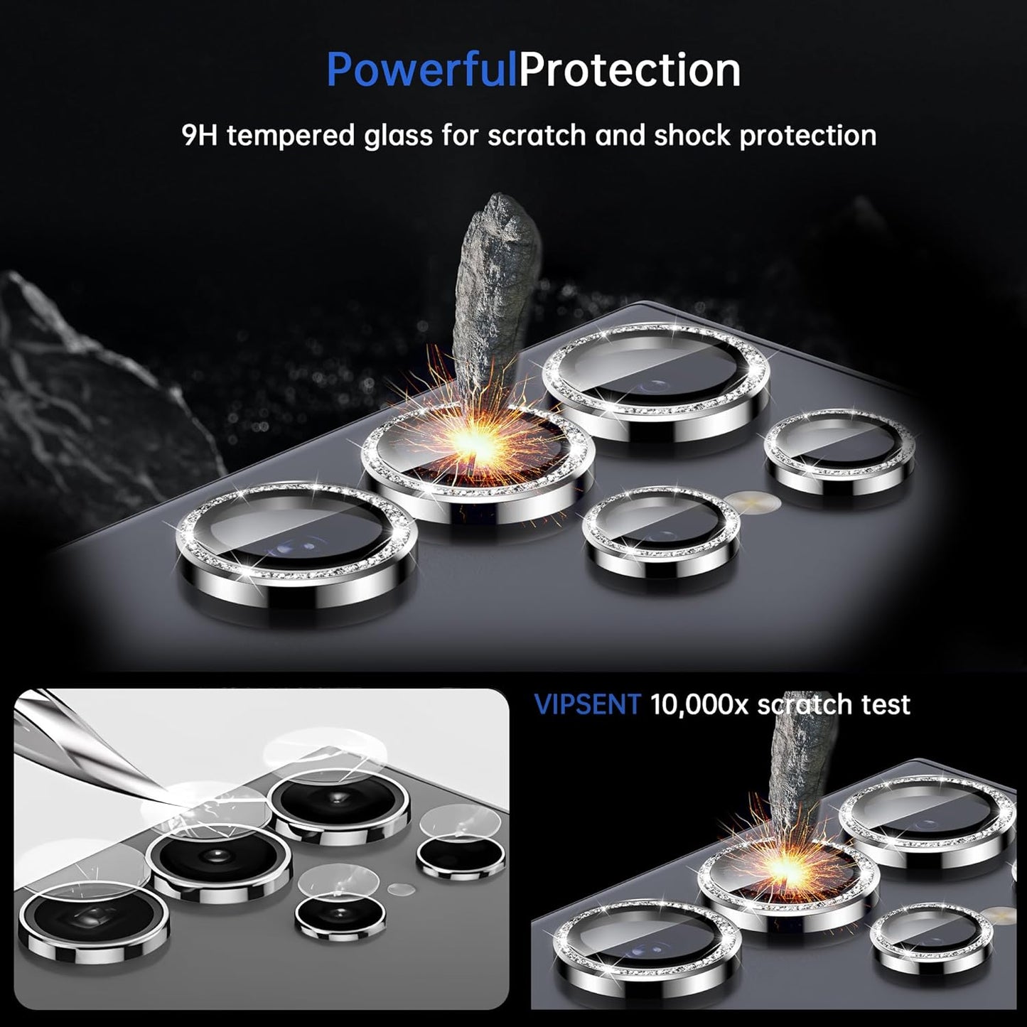 For Samsung Galaxy S24 Ultra Camera Lens Protector, Individual Lens Protector, Ultra HD 9H Tempered Glass Screen Protective Cover, Anti-scratch, Military Grade Drop Protection 2 Set. (Glitter Silver, S24 Ultra)