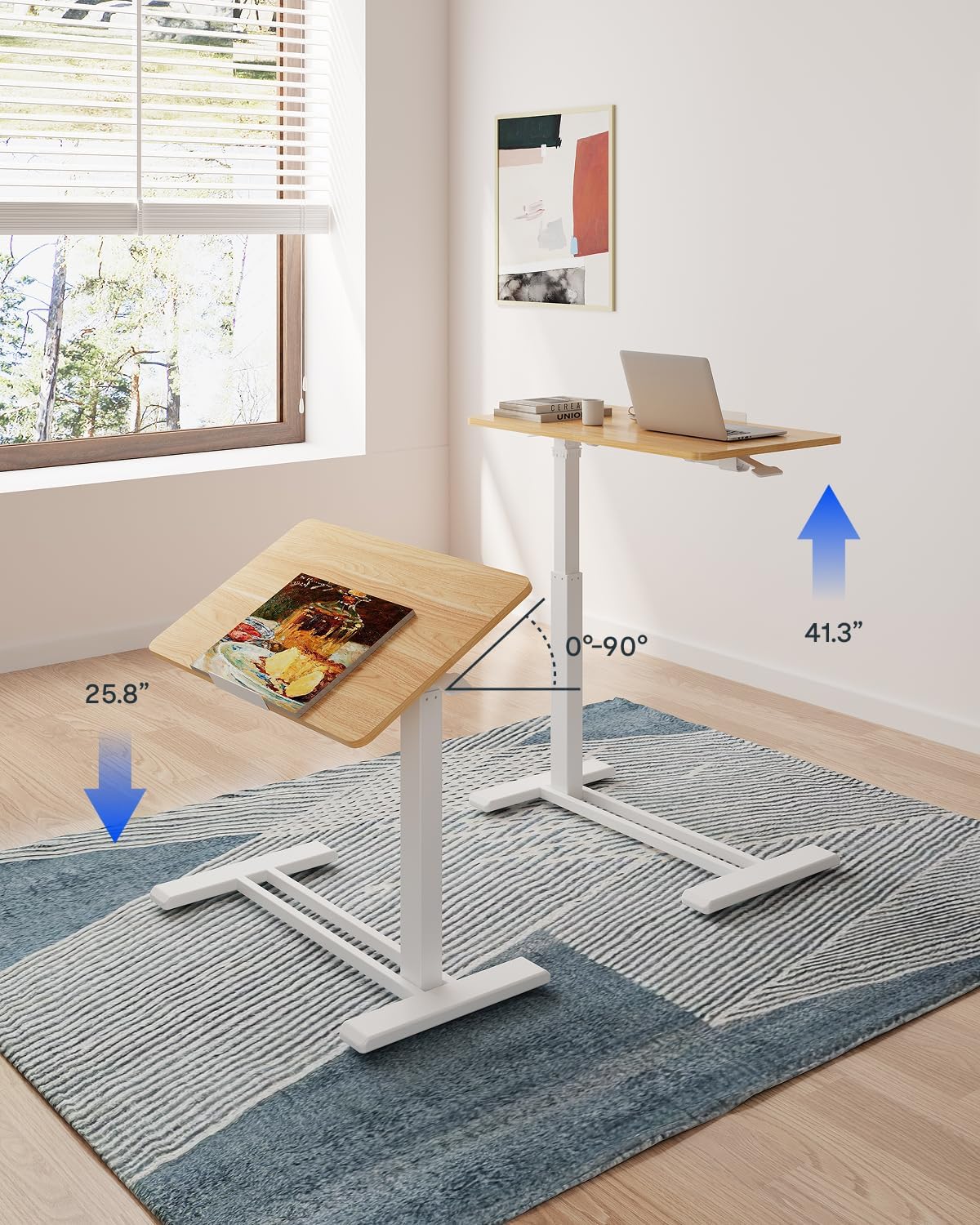FLEXISPOT H7 PRO Mobile Standing Desk Adjustable Overbed Table Pneumatic with Wheels 90°Tiltable Portable Laptop Desk Rolling Computer Cart Foldable Bedside Table(27.6" W x 15.7" D, Maple)