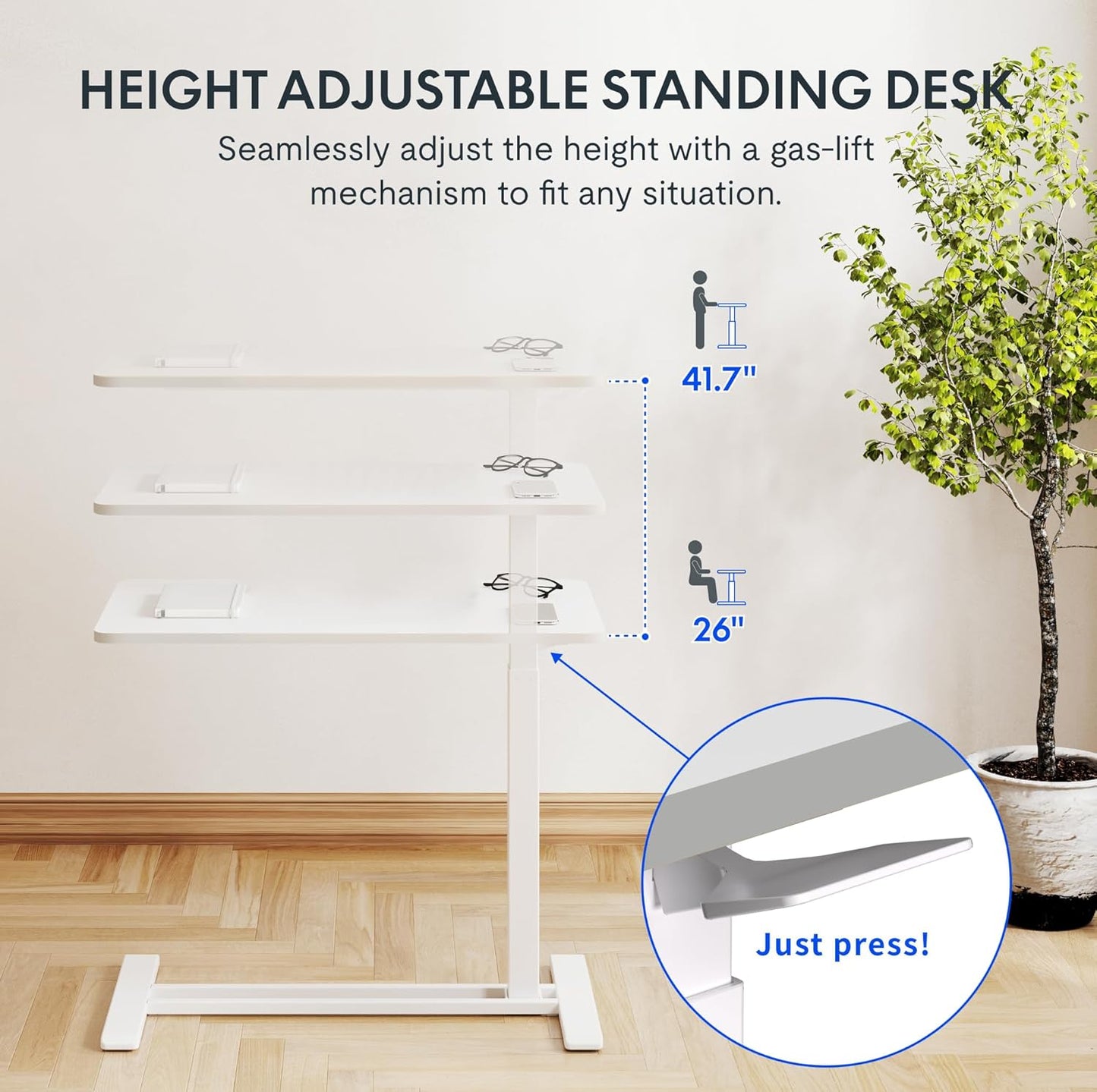 FLEXISPOT Mobile Standing Desk with Wheels Pneumatic Laptop Desk Rolling Computer Cart Movable Height Adjustable Small Sit Stand Desk Computer Workstations Home Use（31.5" W x 17.7" D,White