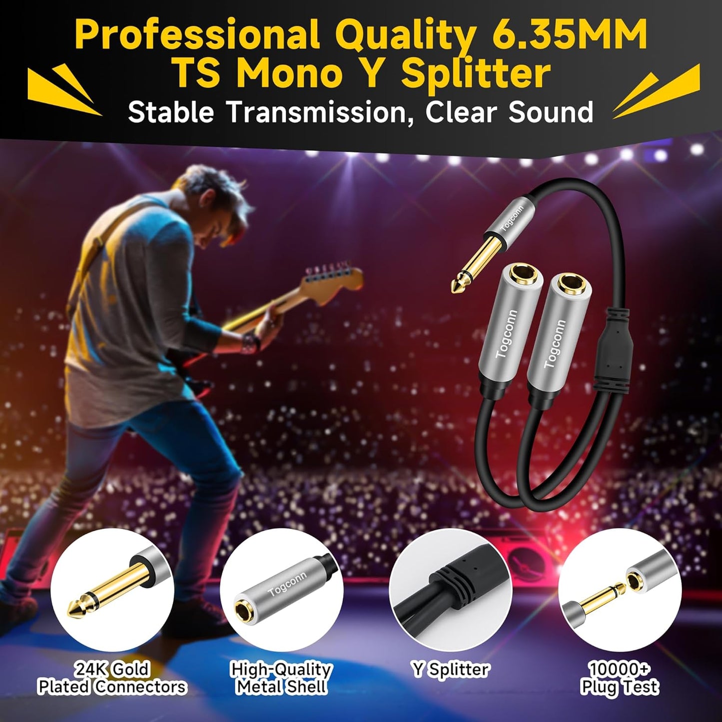 2-Pack 1/4 inch TS Mono Splitter Y Adapter, 6.35mm Mono Male to Dual 6.35 mm TS Mono Female Jack, Quarter inch Audio Speaker Splitter Converter Cable 1 Feet, Gold Plated Connectors