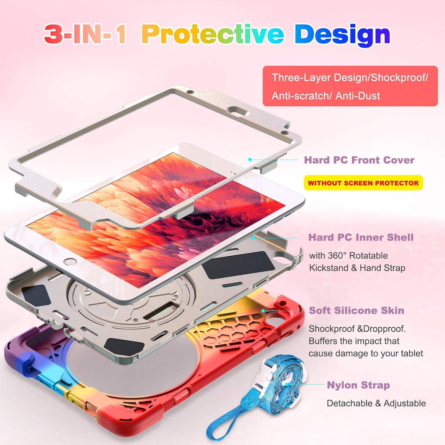 BRAECN iPad mini 5 Case,iPad mini 4 Case, Heavy Duty Shockproof Protective Rugged Case with Pencil Holder,Hand Strap,Kickstand, Shoulder Strap for iPad mini 5th/4th Generation 7.9 Inch for Kids