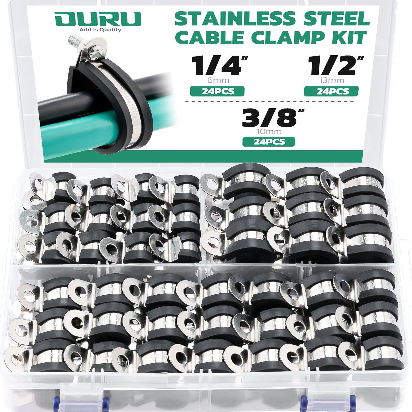 72PCS Stainless Steel Cable Clamp,Rubber Coated Cushioned Insulated Cable Clamps Assortment Kit-Metal Wire Clamps,Cable Clips,Pipe Clamps