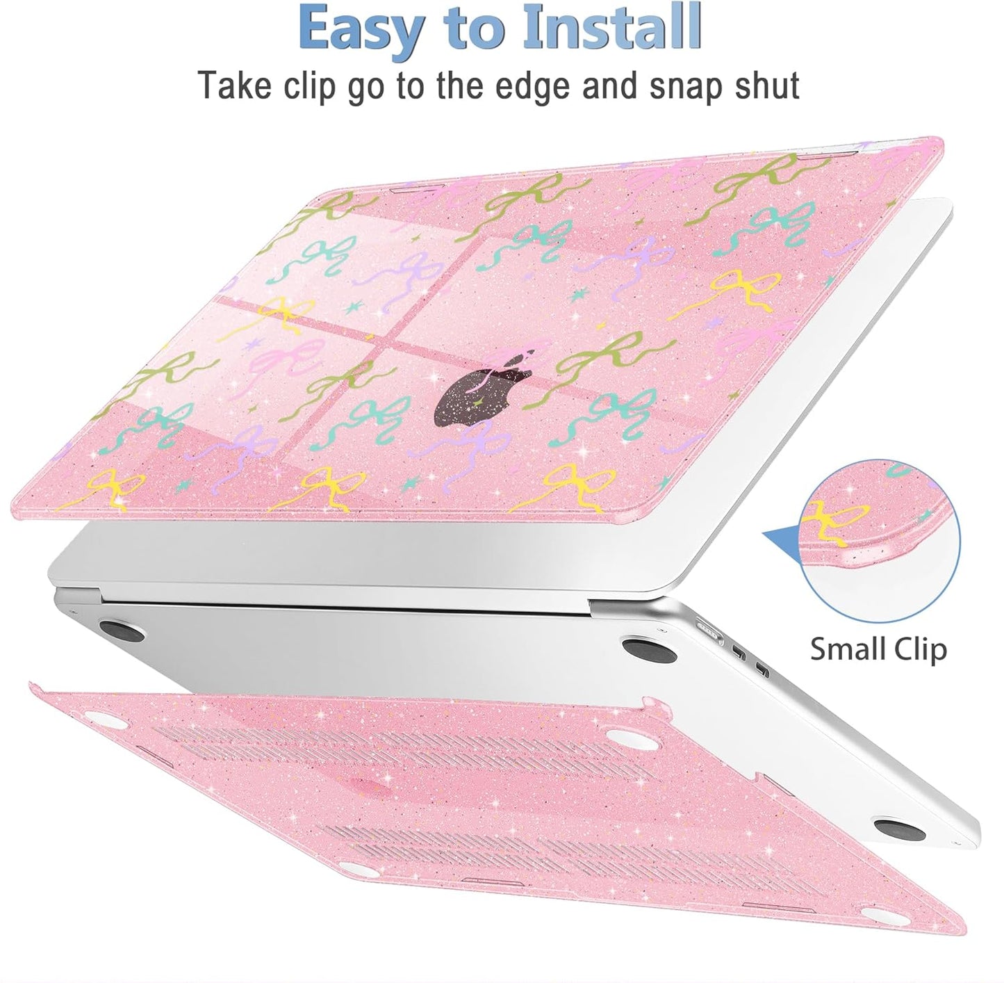 Mektron Compatible with M4 MacBook Air 15 inch Case 2025 A3241 2024 2023 M3 A3114 A2941 M2 Liquid Retina Display Touch ID, Plastic Hard Case & Keyboard Skin - Gilitter Pink Colorful Bows