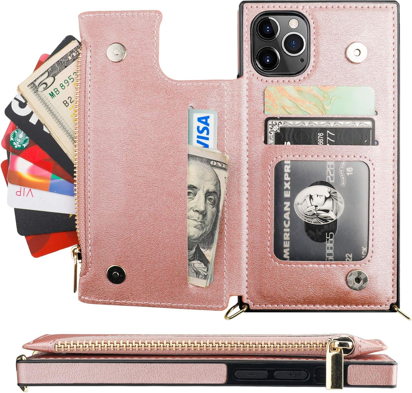 Bocasal Crossbody Wallet Case for iPhone 11 Pro with Card Holder,Zipper Card Slot Protector Shockproof Purse Cover with Removable Cross Body Strap 5.8 Inch(Rose Gold)
