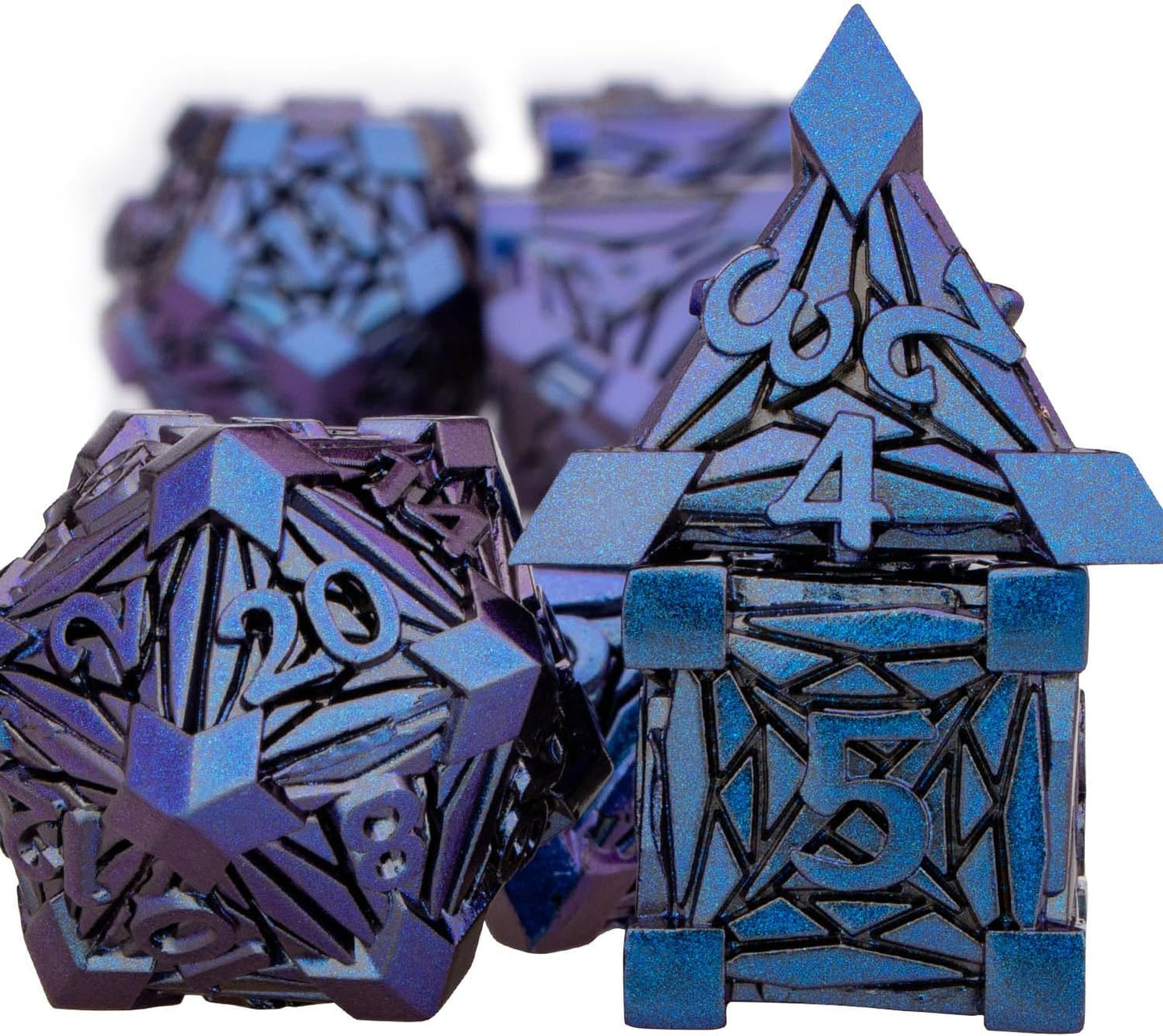 7PCS Metal DND Dice Set with Box, Debris RPG Blue Purple D and D Dice for use with D&D Tabletop Games Role Playing Game Polyhedral Dice Set D20 D12 D10 D8 D6 D4