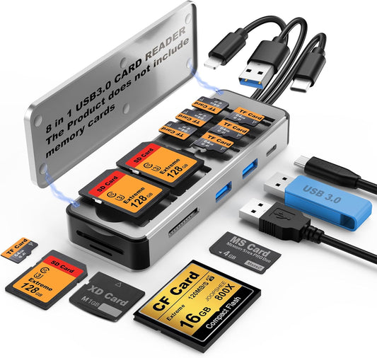 8in1 SD Card Reader,Aluminum Multi Memory Card Carrying Box SD/TF/CF/MS/XD/USB3.0 * 2 Port Card Reader Adapter for Phone/Pad/PC/Laptop/USB C and USB A Devices,No Application Required Plug and Play