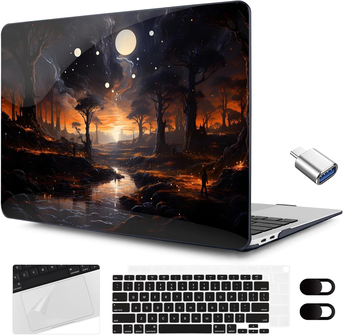 MEEgoodo for MacBook Air 13.3 inch Case 2021 2020 2019 2018 A2337 M1 A2179 A1932, Laptop Shell for MacBook Air M1 with Keyboard Webcam Cover & Trackpad Film & Type C Adapter,Fantasy Night Landscape