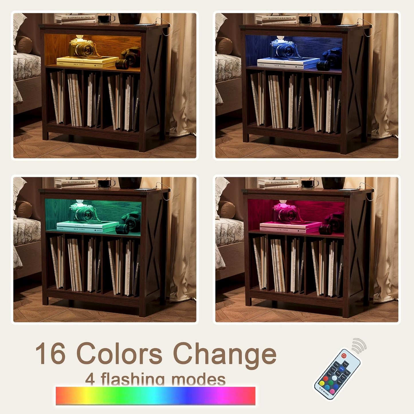 ChooChoo Large Record Player Stand with Charging Station & LED Light, Vinyl Record Holder hold up to 300 Albums, Farmhouse End Table for Bedroom, Living Room, Walnut