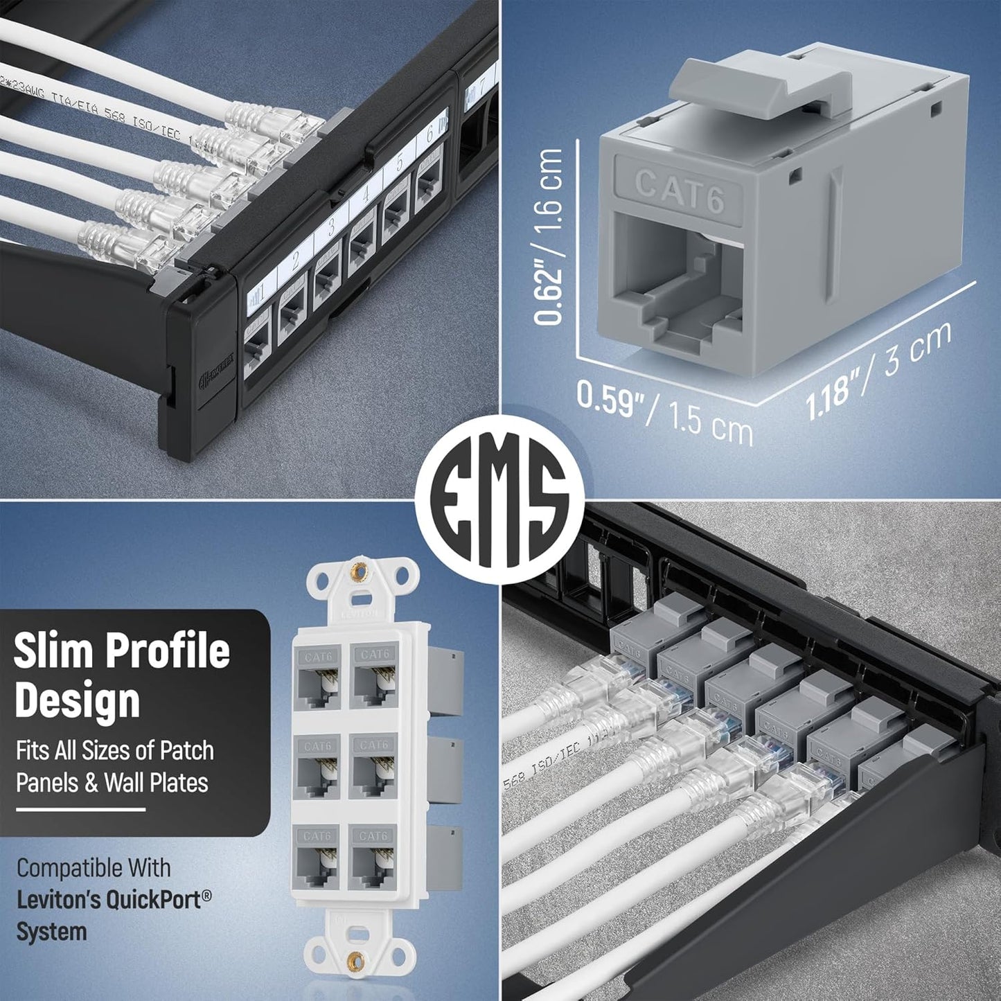 Everest RJ45 CAT6 Keystone Coupler in Gray (12-Pack) - RJ45 Ethernet Jacks - Cat6 Keystone Jacks