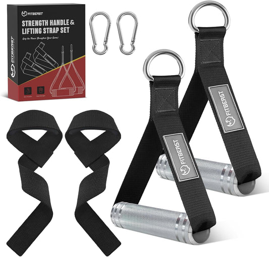 FitBeast Aluminum Exercise Handles & Lifting Straps Set - Replacement Gym Handles for Cables Machine, Pulley System, Strength Trainer, Pull Down Workout Handles, Pilates, Home Gym Cable Attachments