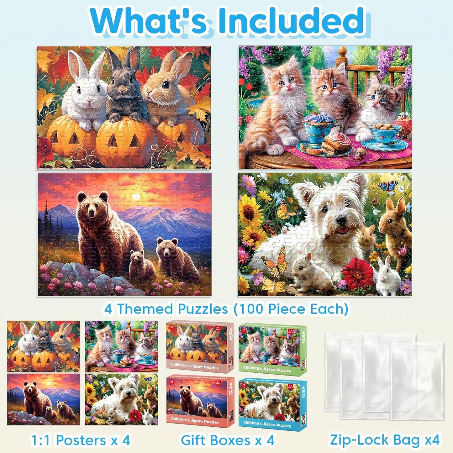 4 Packs 100 Piece Puzzles for Kids Ages 4-6 - Lovely Animals Large Piece Jigsaw Puzzles for Seniors Educational Toys Gifts Kids Puzzle for 4 5 6 7 8 9 Year Olds Boys Girls