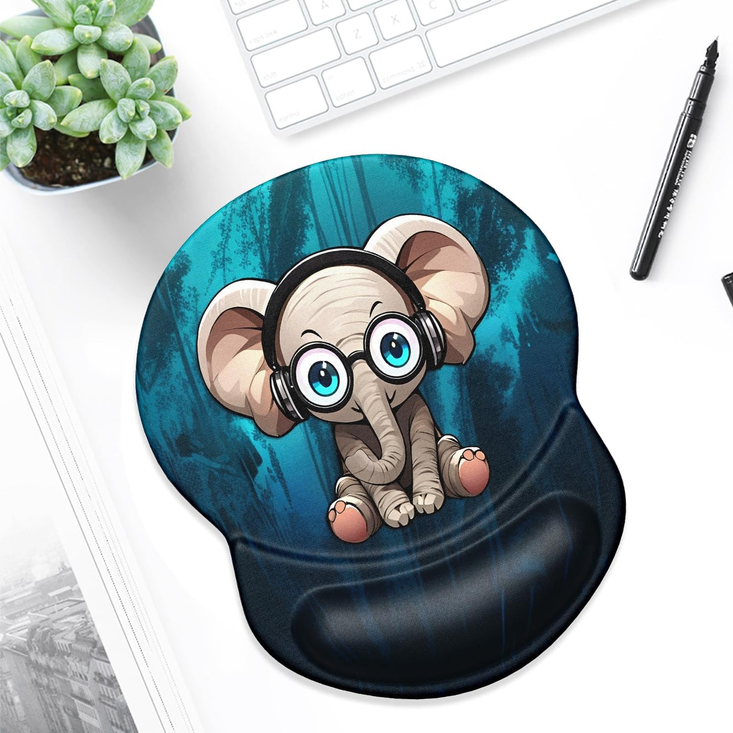 ITNRSIIET Ergonomic Mouse Pad with Gel Wrist Support Small Wrist Rest Smooth Surface Non-Slip PU Base Comfortable Office Supplies Pain Relief, 8.7 x 7.2 inches, Pretty Elephant