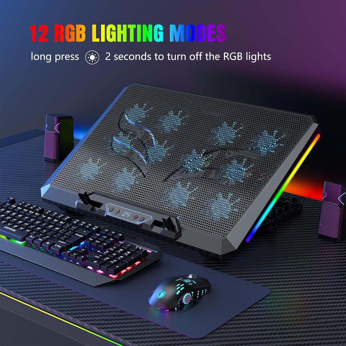 Laptop Cooling Pad with 12 Quiet Fans, Slim Portable for 12-17.3 Inch Laptop Cooler Stand, RGB Lighting, with 5 Height Adjustable, Gaming Cooling Fan Pad, USB/Type-C & Phone Holder (LCD)