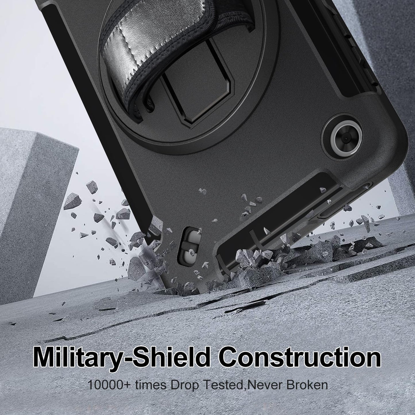 Junfire Shockproof Case for Lenovo Tab M8 4th Gen 2023, Heavy Duty Rugged Case with 360°Rotatable Kickstand/Hand Strap/Stylus Holder for TB-300FU/TB-300FX, Black