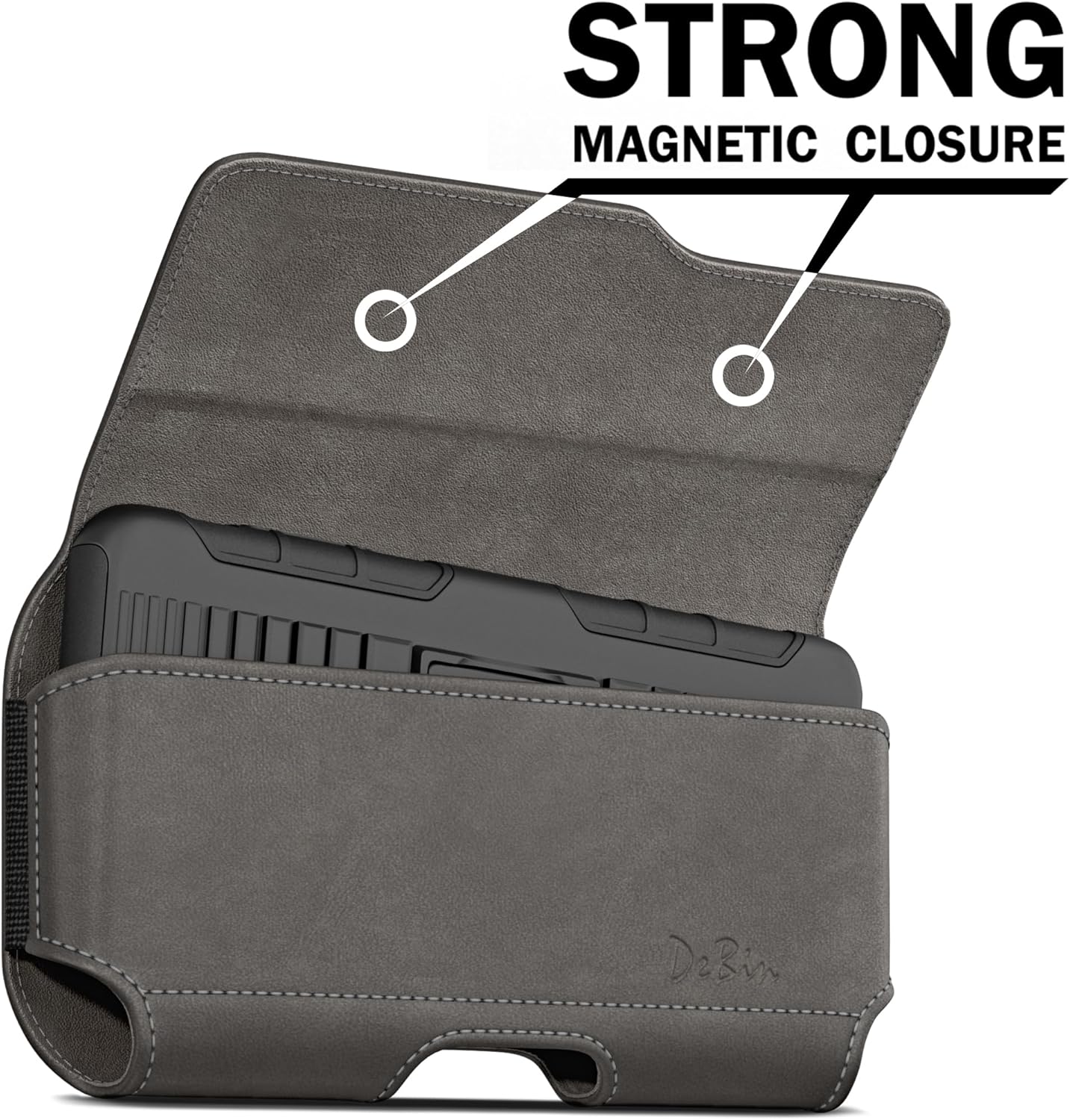 DeBin Holster for Large iPhone Plus, Pro Max Models 16 15 14 13 12 11 Xs Max – Leather Cell Phone Belt Holder Case with Clip, Carrying Pouch Cover Fits Phone with Case on, Pewter