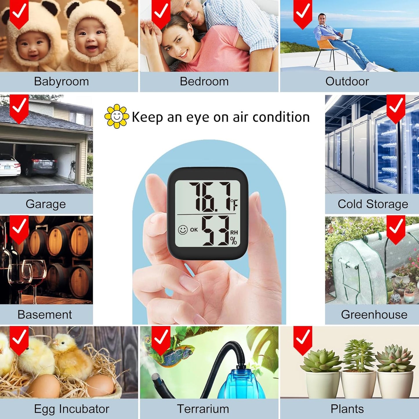 Antonki 2 Pack Room Thermometer for Home, Indoor Hygrometer Humidity Meter Gauge, Digital Temperature and Humidity Sensor Monitor for House, Terrarium, Incubator, Greenhouse - Battery Included