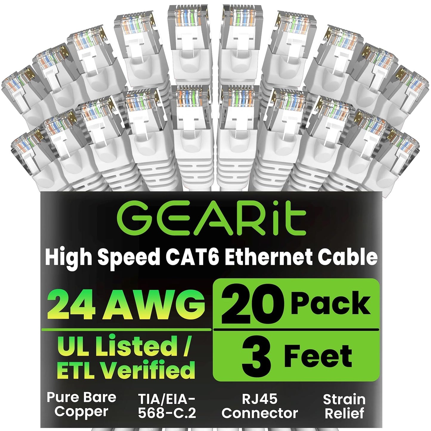 GEARit Cat 6 Ethernet Cable (20-Pack 3 Feet) Cat6 Network Patch, 10Gbps, RJ45, Snagless Cord, Gold-Plated Connectors, Internet for PC, TV, Tablet, Router, Printer, Servers, IT Data Center - White
