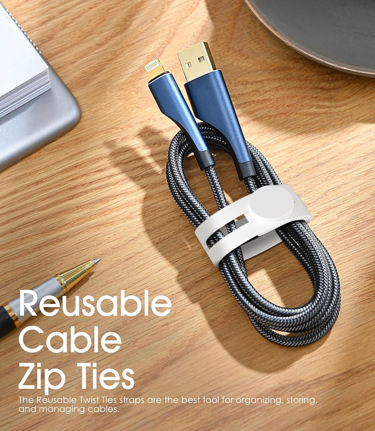 40Pcs Nearockle Reusable Cable Ties, Adjustable Silicone Cord Organizer Small Zip Ties for Charging Cords Earphone Computer Wire, Office Desk Cable Management Travel Accessories(White)