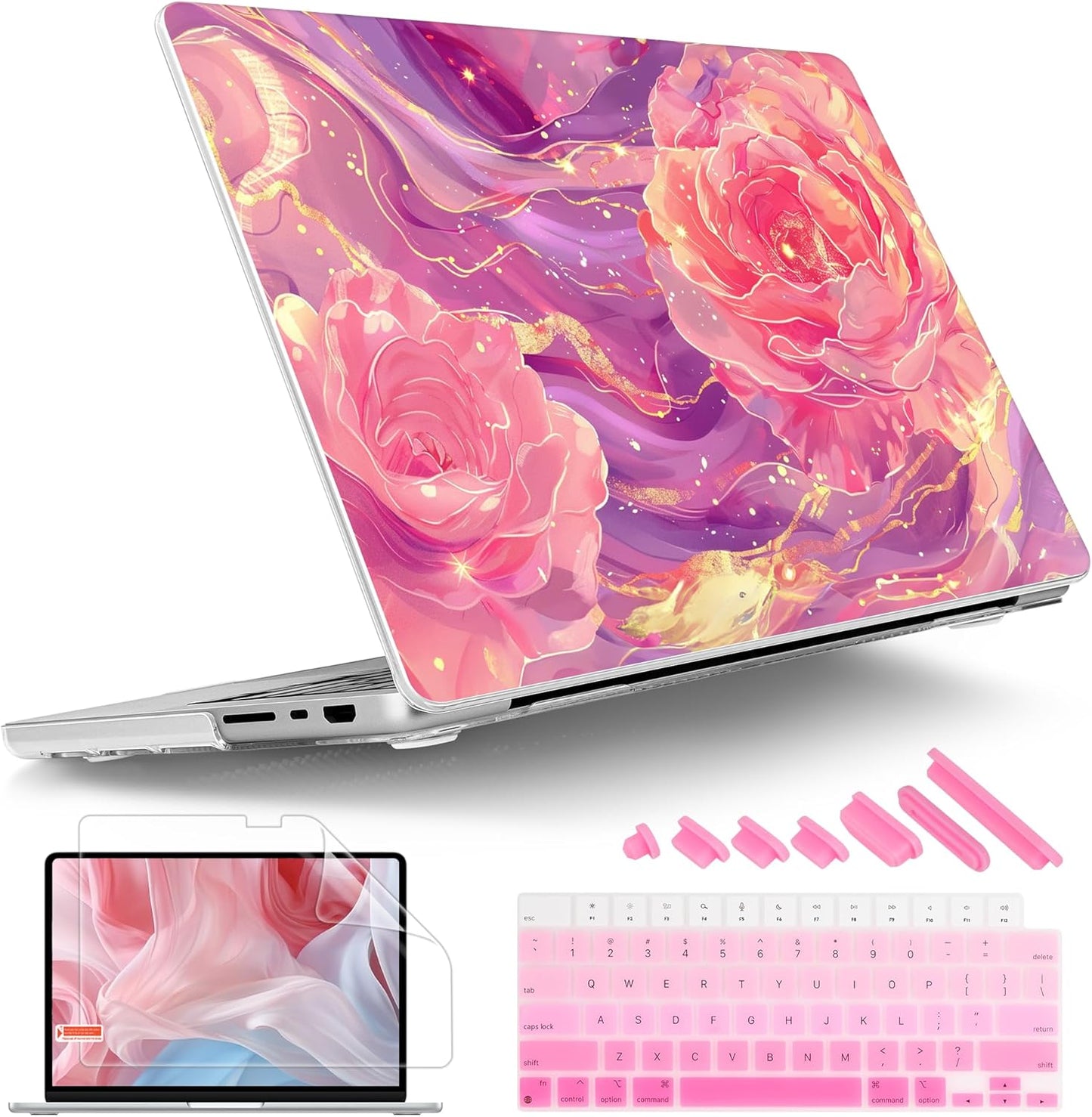 Tuiklol for MacBook Pro 14 Inch Case 2024-2021 Release M4 A3112 A3401 A3185/M3 A2918 A2992/M2 A2779/M1 A2442 Pro/Max,Hard Shell Case with Keyboard Cover & Screen Protector for Touch ID,Pink Roses