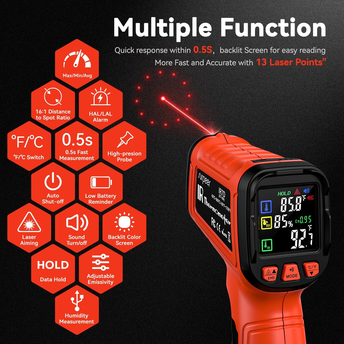 Infrared Thermometer Temperature Gun -58°F to 1796°, 16:1 Non Contact Laser Thermometer Gun with Thermocouple Probe for Humidity, Pizza Oven, Griddle, Ir Temp Gun for Home and Industry Repair