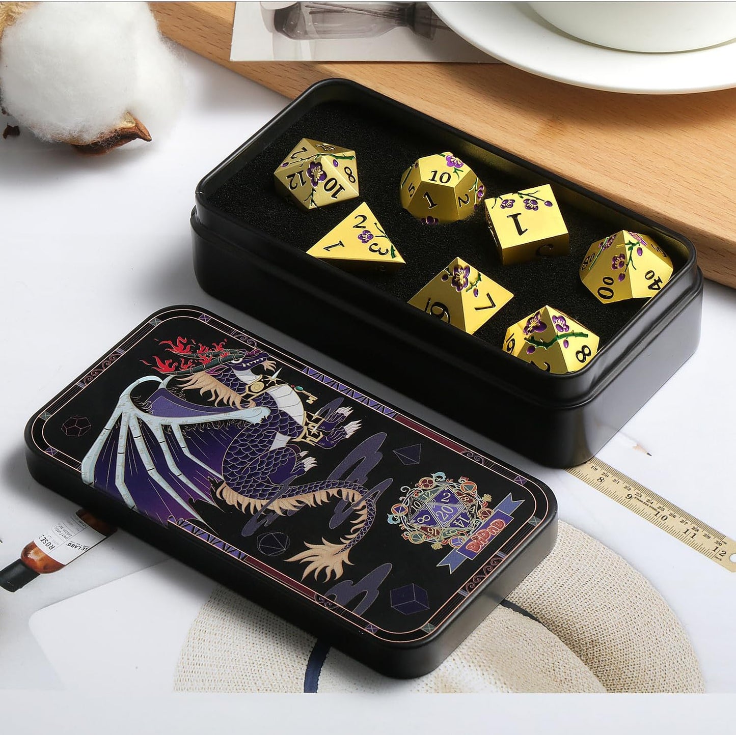 DNDND Metal Dice Set, 7 PCS Metallic Flowers DND Dice with Gorgeous Gift Case for D&D Dungeons and Dragon Tabletop Game (Purple Flowers with Gold)