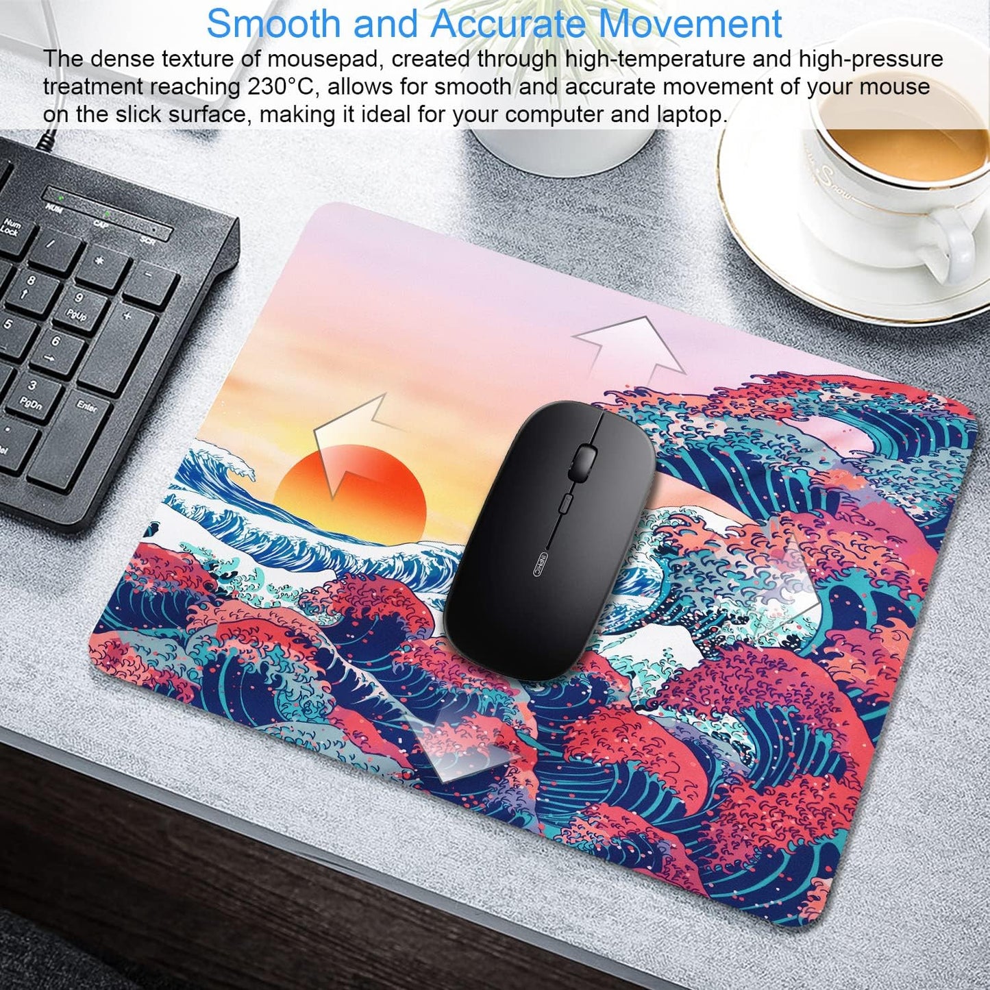 Japanese Ukiyo-e Ocean Waves Mouse Pad Personalized Design, Non-Slip Surface, Rubber Base, Small Office Desk Pad for Computers and Laptops