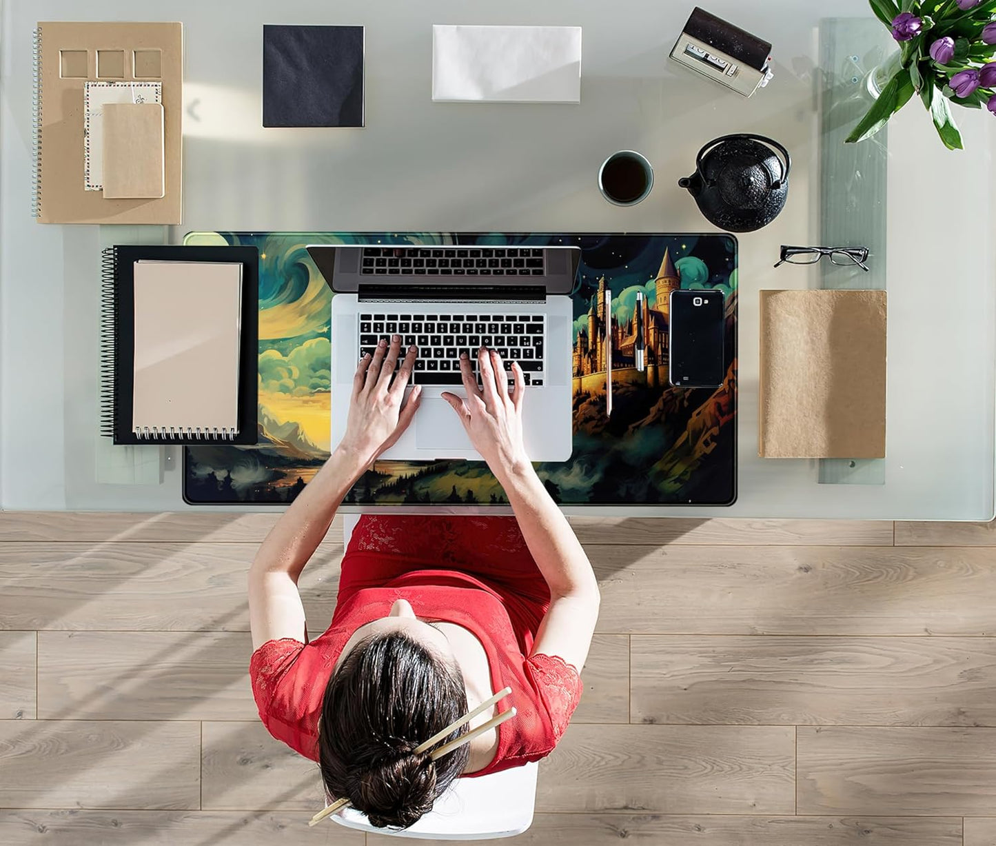 Cool Aesthetic Castle Mouse Pad Desk Pad Cute Cloudy and Starry Desk Mat, Office Desk Decor Anime Mousepad Laptop Keyboard and Mouse Mat, XXL Large Extended Gaming Deskmat for Girl 31.5x15.75 in