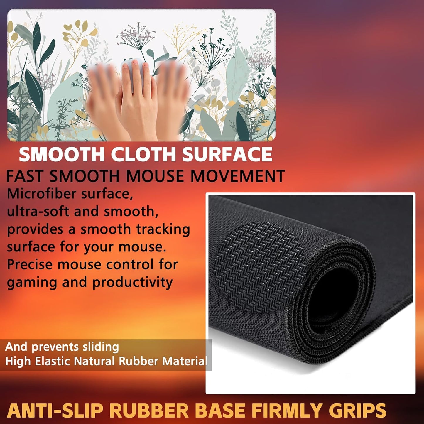 Desk Mat, Green Gold Plant Leaves Desk Pad, Wildflowers Large Gaming Mouse Pad for Desk, 31.5"x15.7" Extended Big Computer Keyboard Mouse Pad with Non-Slip Base and Stitched Edge