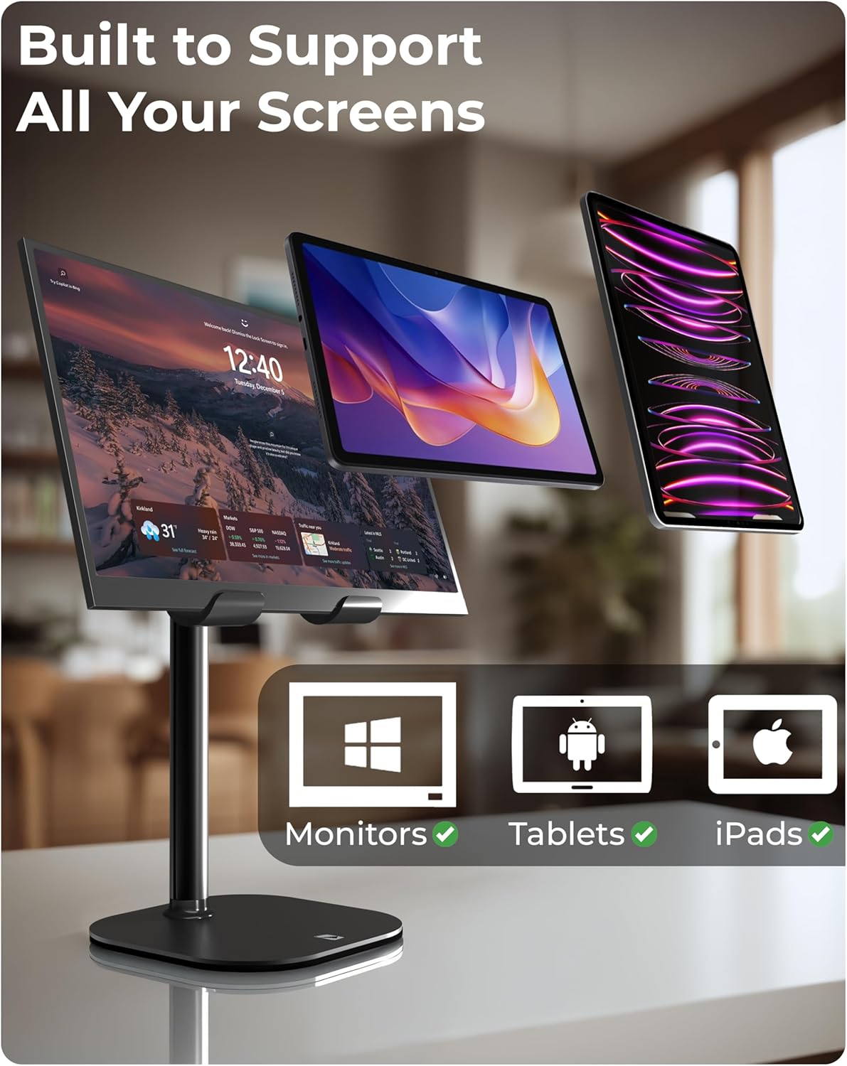 COOPER TabHolder, 7-10" Height Adjustable Tablet Stand, Premium iPad Stand for Desk, 270° Tilt Portable Monitor Holder for 15.6-17" Displays, for All iPad, Kindle, Surface, Samsung Tablets (Black)