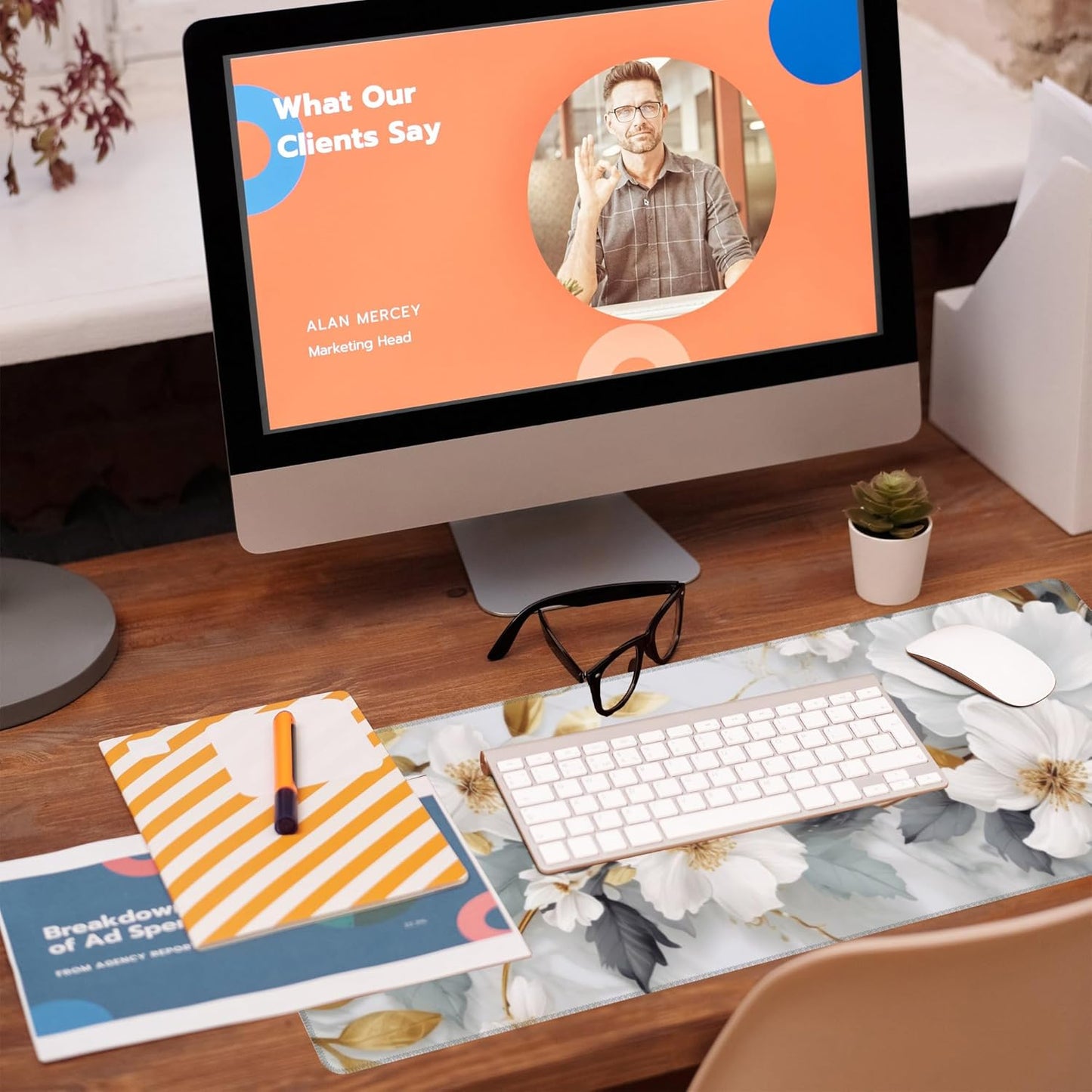 Desk Mat,White Gold Marble Desk Pad,White Flowers Golden Leaves Large Gaming Mouse Pad for Desk,Extended Big Computer Keyboard Mouse Pad with Non-Slip Base and Stitched Edge,31.5"x11.8"