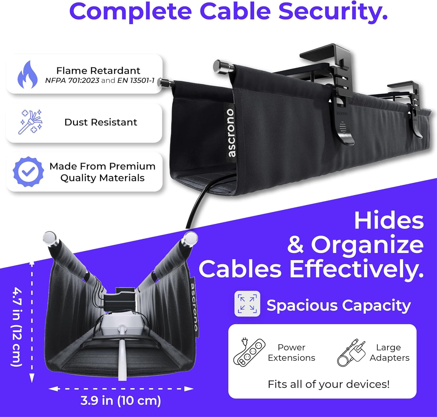 Ascrono Original No Drill Under Desk Cable Management Tray 14.1" - Premium Black Fabric Cable Management Under Desk - Clamp/Screw Mount Cord Organizer - Supports Upto 66lbs