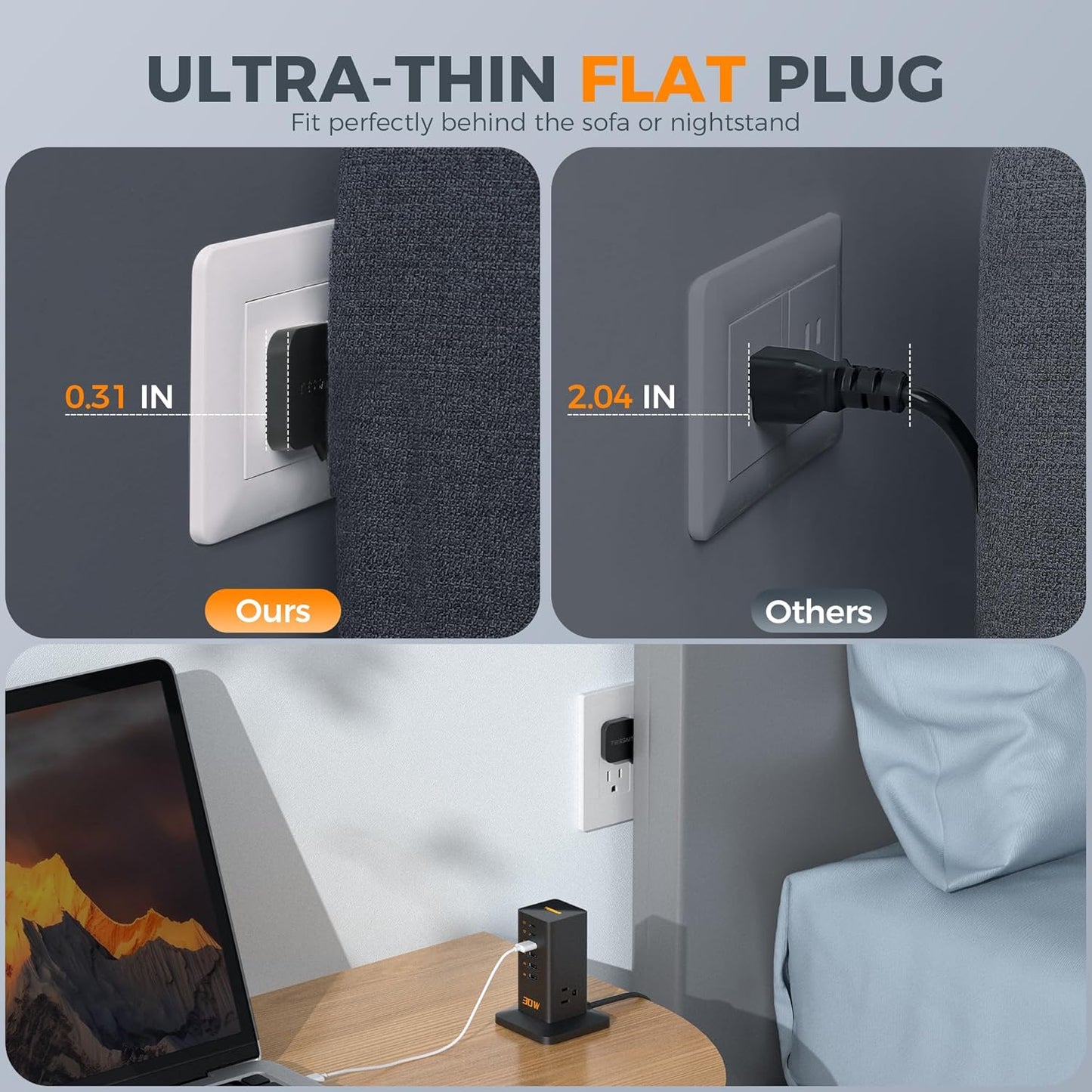 Charging Station 30W, TESSAN 9-in-1 Charger Blocks for iPhone 16/15/14/13, Tablets, Earphone with Surge Protector, 5ft Flat Extension Cord with 4 USB A, and 2 USB C for Home, Office, Drom, Black