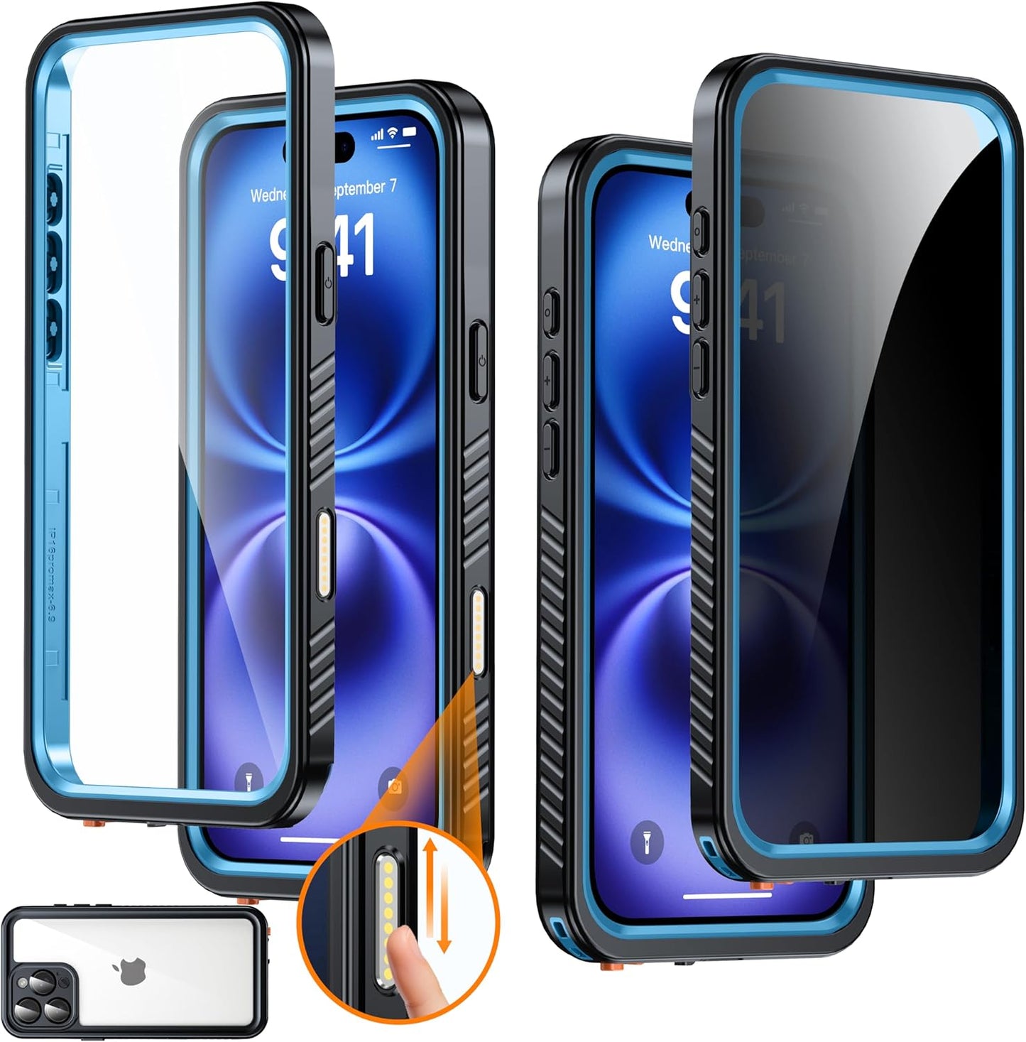 for iPhone 16 Pro Max Case Waterproof, Built-in Privacy Screen & HD Screen Double Front Frame [IP68 Underwater] Shockproof Dustproof Full Body Protection iPhone 16 Pro Max Phone Case Blue