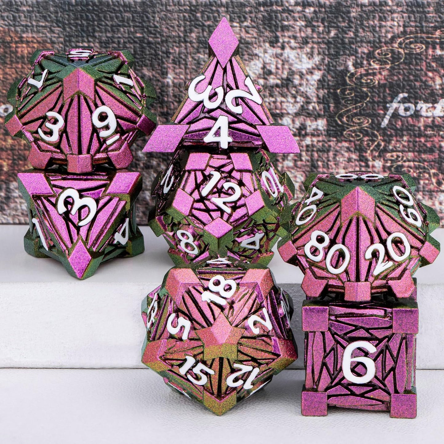 7PCS Metal DND Dice Set with Box, Debris RPG Red D and D Dice for D&D Tabletop Games Role Playing Game, Polyhedral Dice Set D20 D12 D10 D8 D6 D4