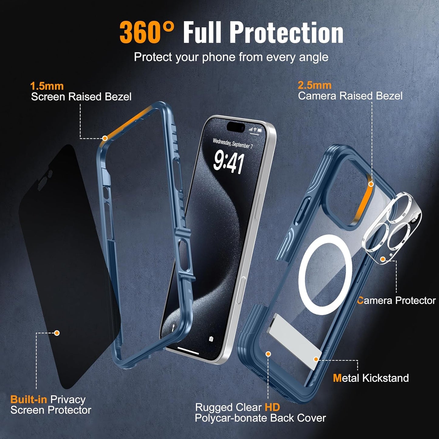 360° Protection Magnetic for iPhone 16 Case Built-in 9H Privacy Screen Protector & Metal Stand[Fit for Magsafe][Anti-Spy][Lens Protector] (Dark Blue, Phone 16 Pro Max)