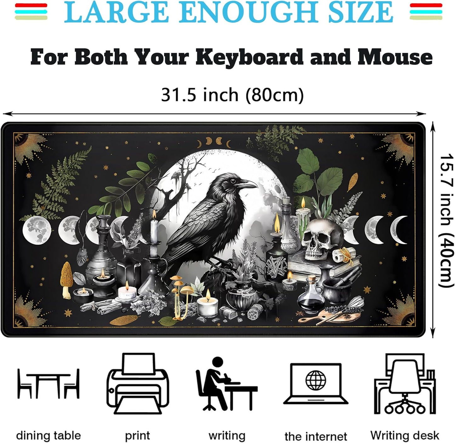 Cute Kawaii Raven Desk Mat XXL Large Extended Gaming Mouse Pad Nature Forest Gothic Mousepad with Stitched Edges, Anime Skull Laptop Keyboard and Mouse Mat Desk Pad for Work Game 31.5x15.7 in