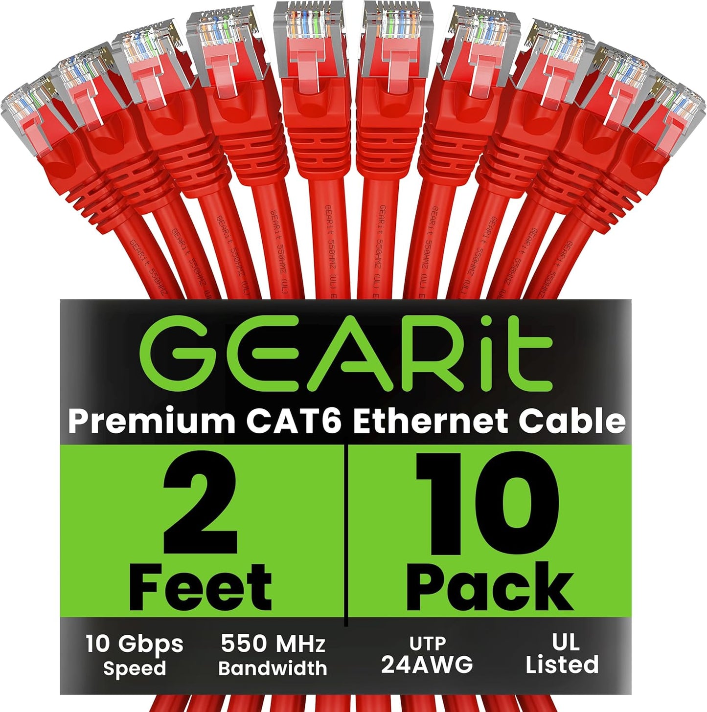 GearIT Cat 6 Ethernet Cable (100-Pack 2 Feet) Cat6 Network Patch, 10Gbps, RJ45, Snagless Cord, Gold-Plated Connectors, Internet for PC, TV, Tablet, Router, Printer, Servers, IT Data Center - Red