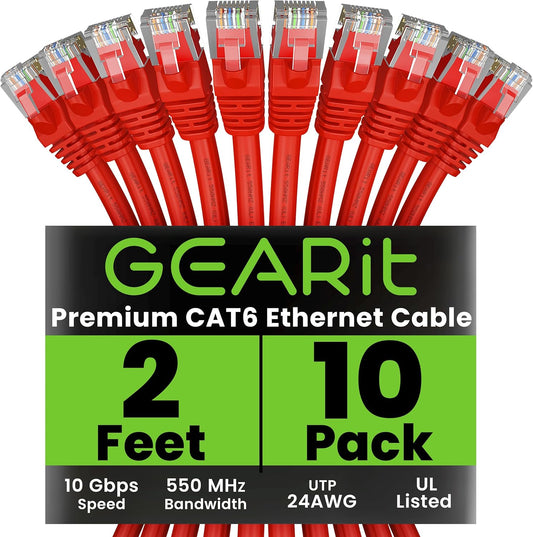 GearIT Cat 6 Ethernet Cable (100-Pack 2 Feet) Cat6 Network Patch, 10Gbps, RJ45, Snagless Cord, Gold-Plated Connectors, Internet for PC, TV, Tablet, Router, Printer, Servers, IT Data Center - Red