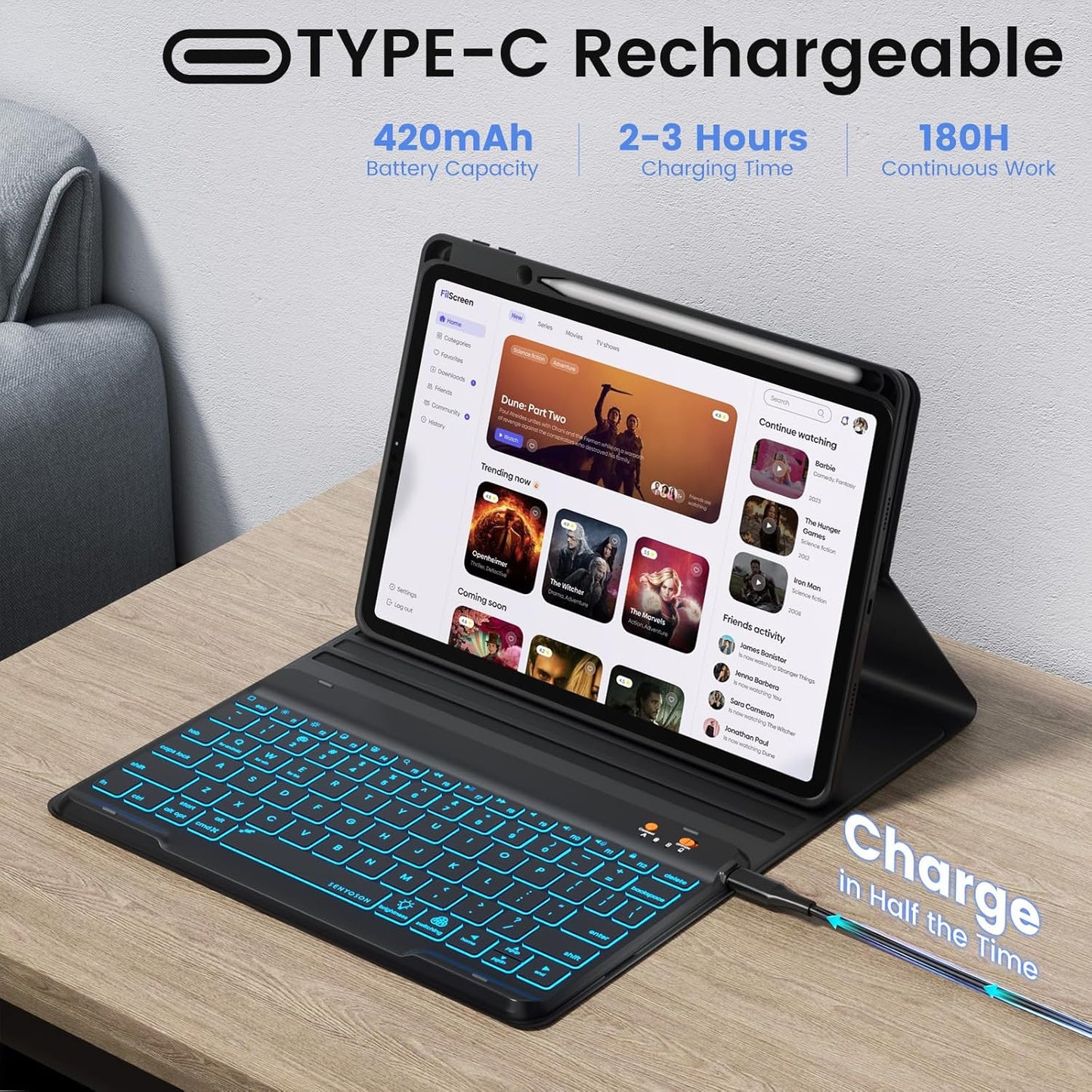 BLUTLOTUS for iPad 11th A16 10th Generation Case with Keyboard - 7 Colors Backlit Wireless Detachable Folio Keyboard Cover with Pencil Holder for iPad 11'' A16 2025 10th Gen 10.9 Inch 2022 (Black)