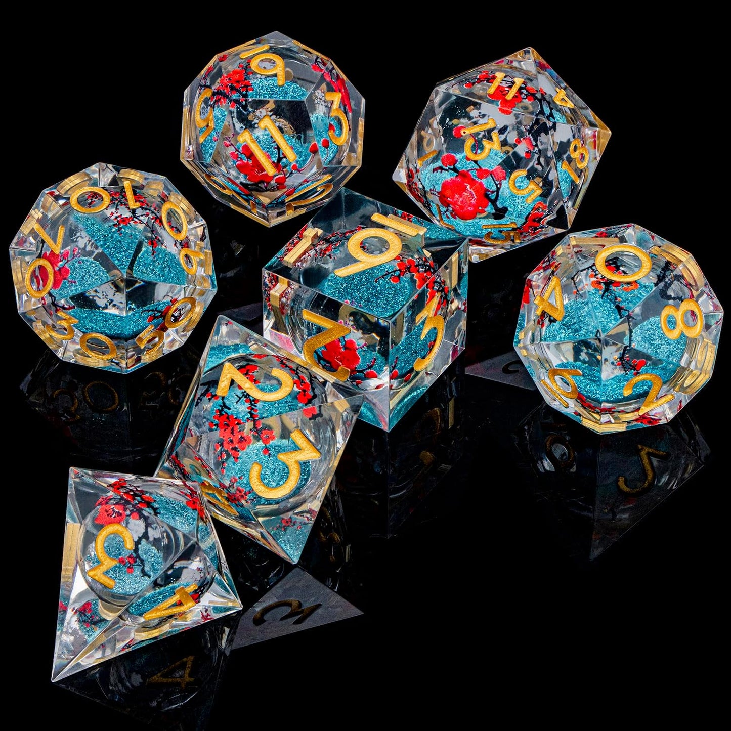 ARUOHHA DND Resin Dice Plum Blossom Liquid Core Dice Golden Blue Sharp Edged Polyhedral Dragons Dice Set with Gift Box, Dungeons D and D Dice Role Playing Game D20 D12 D10 D8 D6 D4