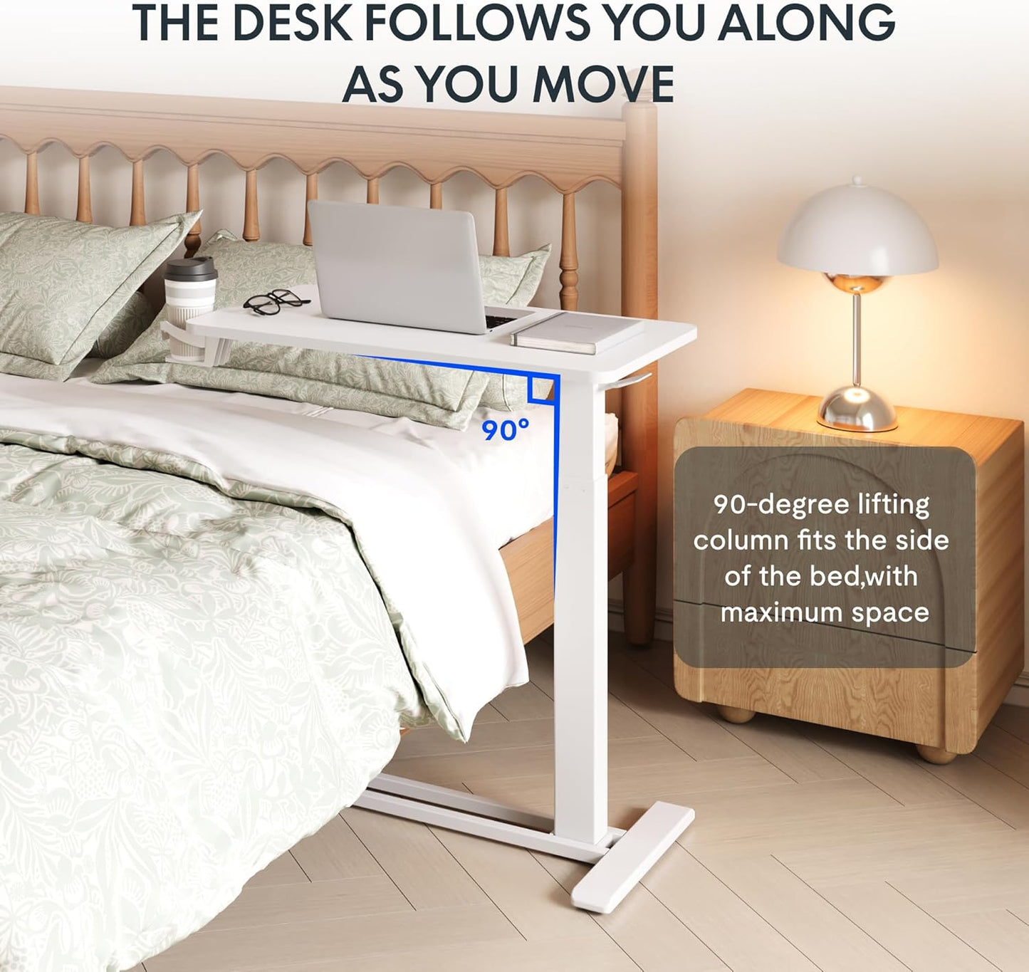 FLEXISPOT H7 Adjustable Overbed Bedside Table with Wheels Pneumatic Mobile Standing Laptop Desk Rolling Computer Cart Movable Overbed Table Hospital Home Use (31.5" W x 17.7" D, White Large)