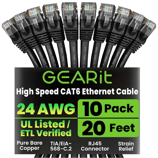 GearIT Cat 6 Ethernet Cable Pack - 10-Pack 20 ft Cat6 Ethernet Patch Cables | RJ45 Network Patch Cable, 10 Gbps Snagless Gold-Plated Connectors - Ethernet Cable Cat 6 for PC, TV, Router - Black