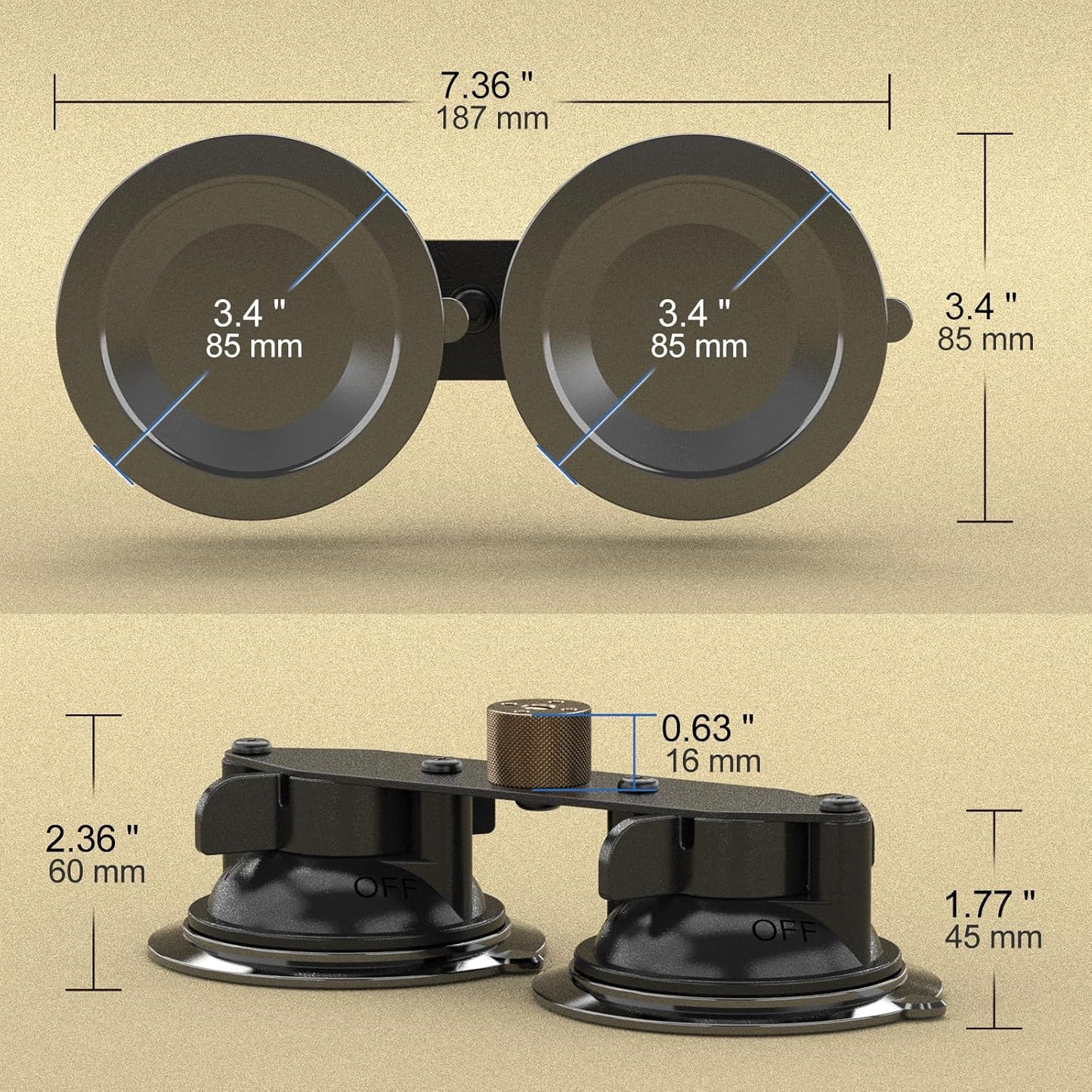 MINIFOCUS Dual Suction Cup Mount, Twist-Lock Dual Suction Cup Base with Camera Thread Adapter, Quick Release Double-Layer Suction, Windshield Window Car Mount for Magic Arm Gopro Adapter