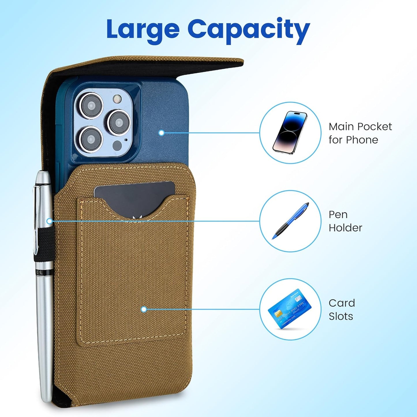 BECPLT for iPhone 17 Pro Max Air 16/15/14/13/12/11 Pro Max Nylon Cell Phone Pouch Holster Case with Belt Clip Cover Holder for Galaxy S25+ S24+ S23+ S22+ S21+ (Khaki)